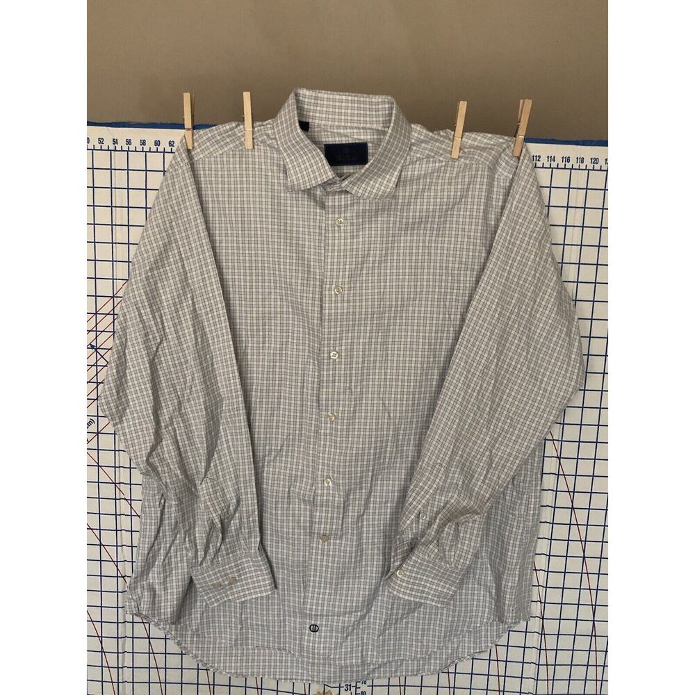 David Donahue Mens Dress Shirt 17 34/35 Trim Button Long Sleeve White Gray Plaid